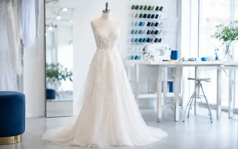 Robe de mariée en dentelle sur mannequin dans un atelier de couture à Montréal