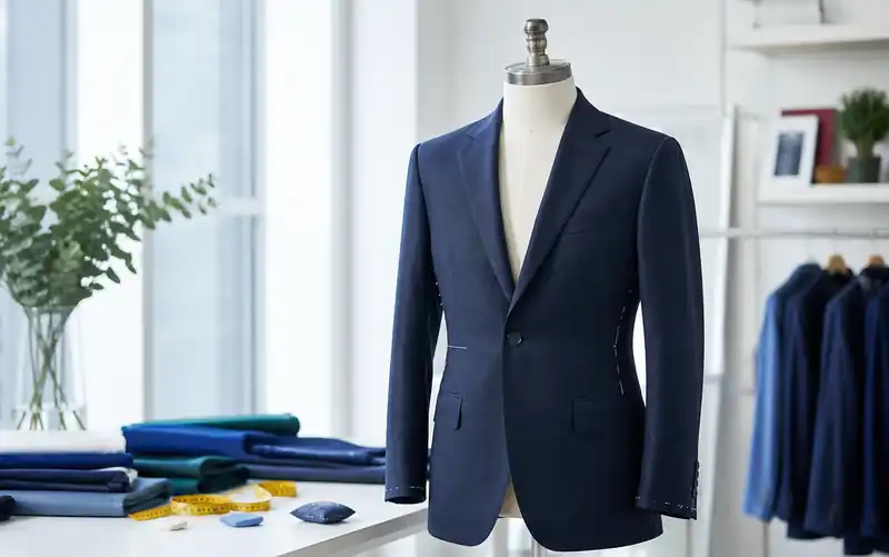 Veston bleu marine en cours de retouches professionnelles dans un atelier de couture à Montréal